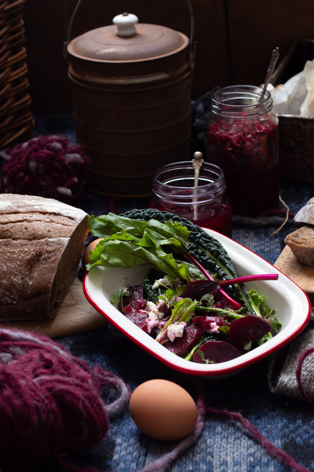 beetroot salad picnic: roasted beetroot, beetroot stem quick pickle, beetroot leaves - use up all of your beetroot