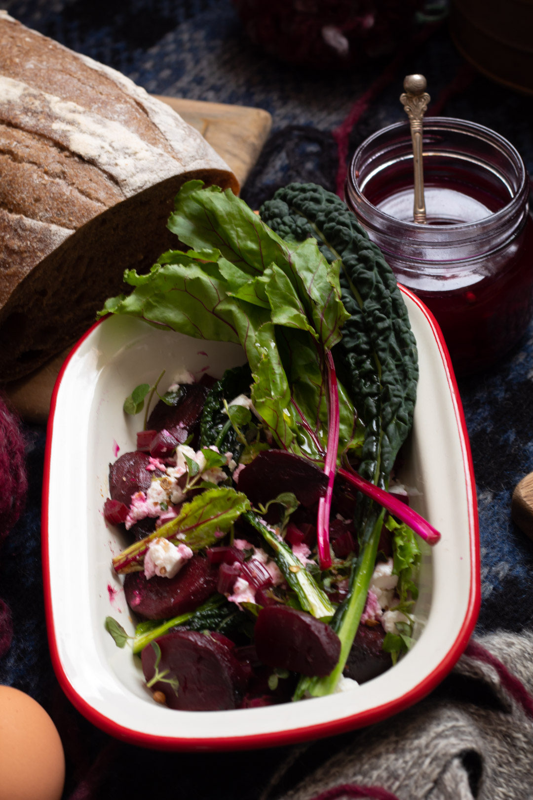 beetroot salad picnic: roasted beetroot, beetroot stem quick pickle, beetroot leaves - use up all of your beetroot