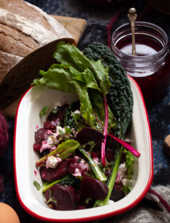 beetroot salad picnic: roasted beetroot, beetroot stem quick pickle, beetroot leaves - use up all of your beetroot