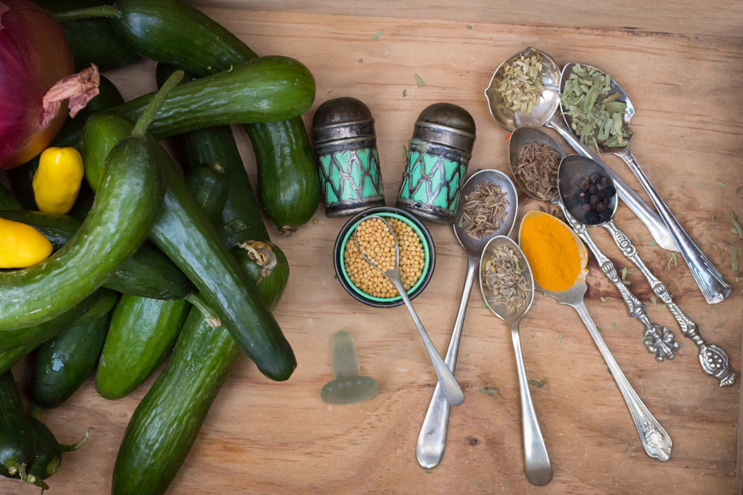 anise cucumber pickles ingredients with mustard pot