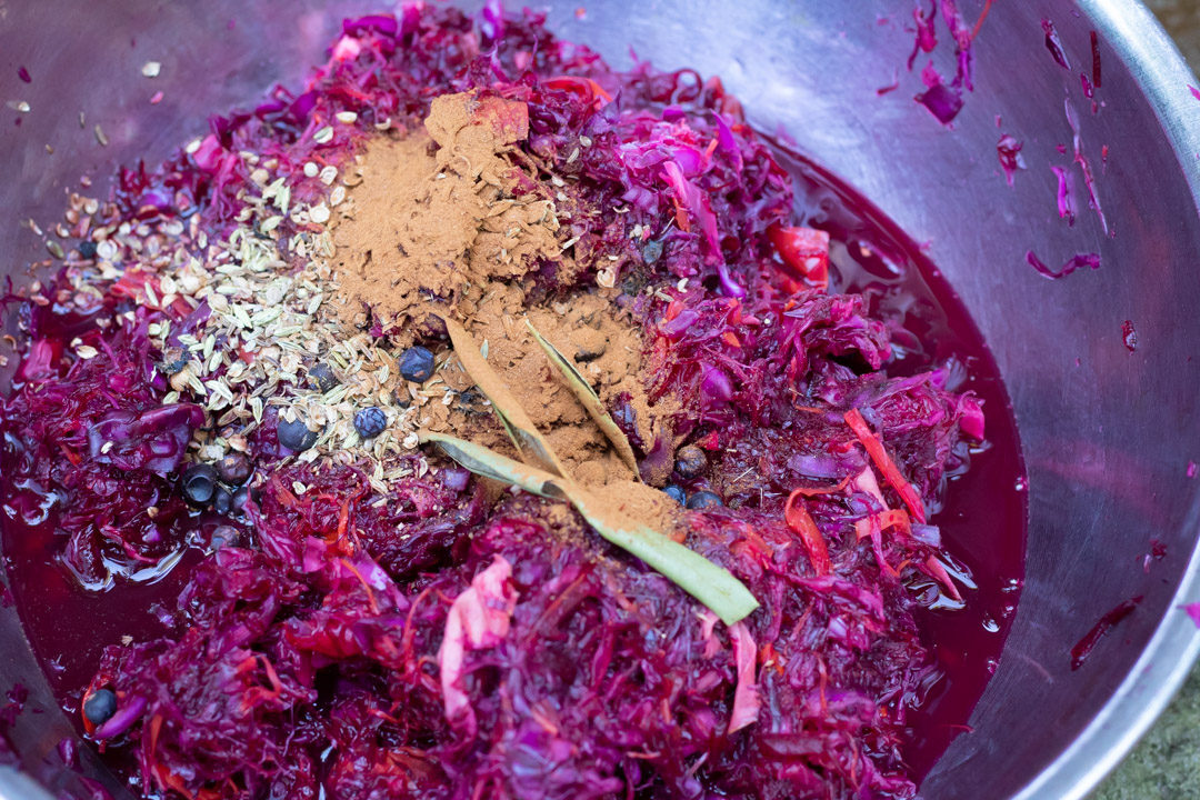 spiced beetroot sauerkraut mixing