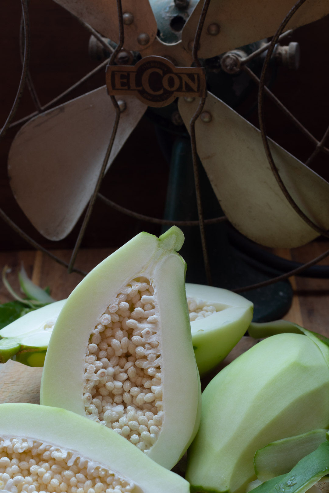 green papayas still life with fan