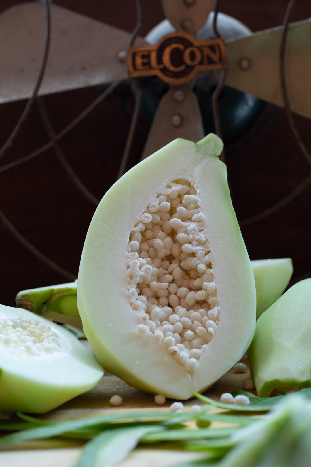 green papaya still life with fan