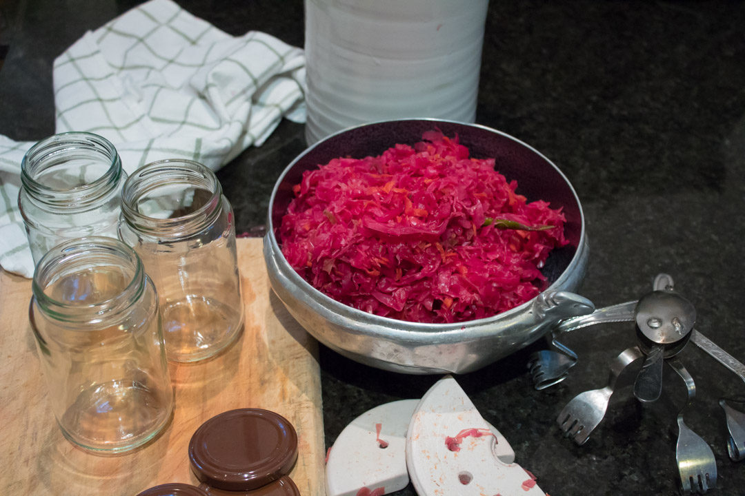 pink-purple sauerkraut decanting