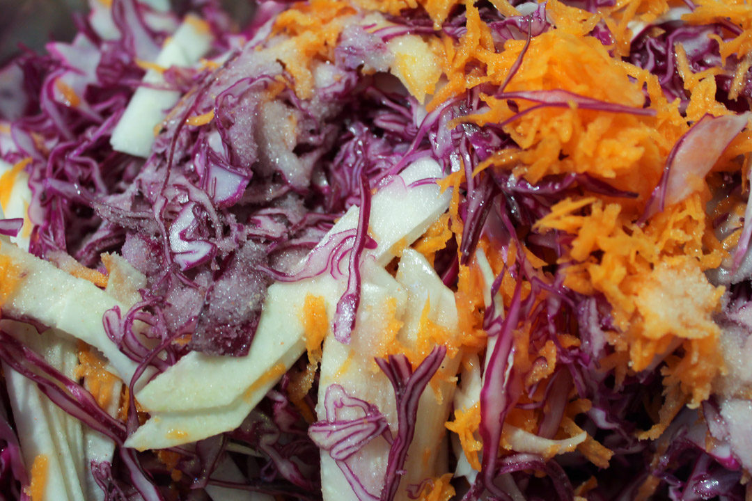 pink-purple sauerkraut ingredients salting