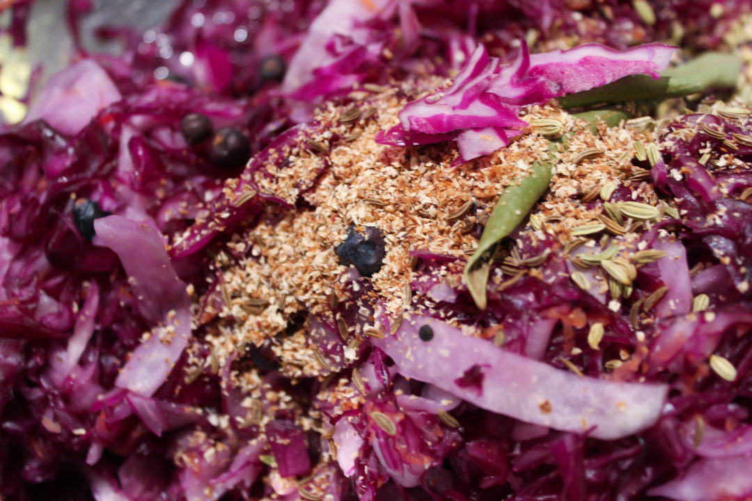 pink-purple sauerkraut ingredients adding spices