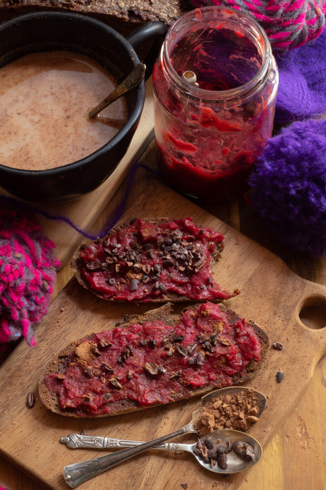 rhubarb strawberry gum compote toasts with bite taken