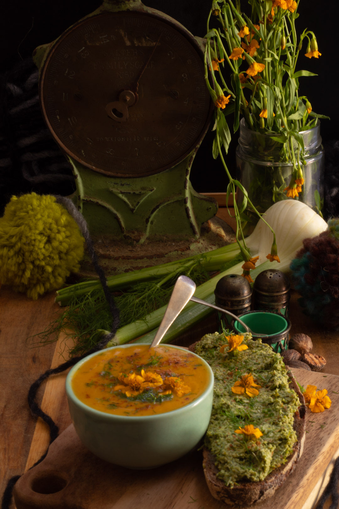 pumpkin and fennel soup with tarragon, fennel tops and nutmeg - detail