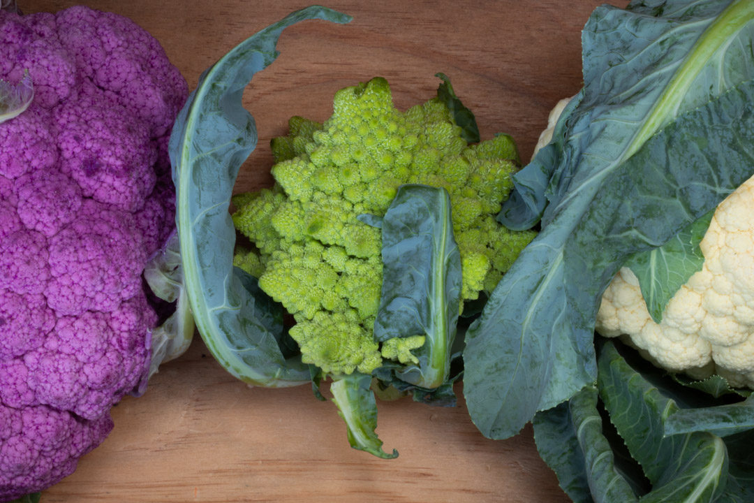 romanesco, purple and white cauliflowers