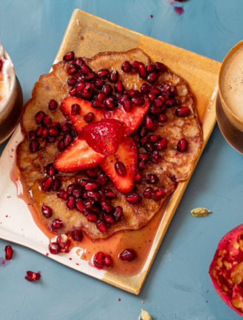 cinnamon, chia buckwheat pancakes with strawberry & pomegranate