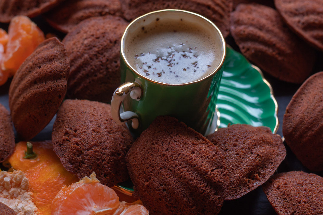 madeleines with mandarin, raw cacao and wattlseed green cup