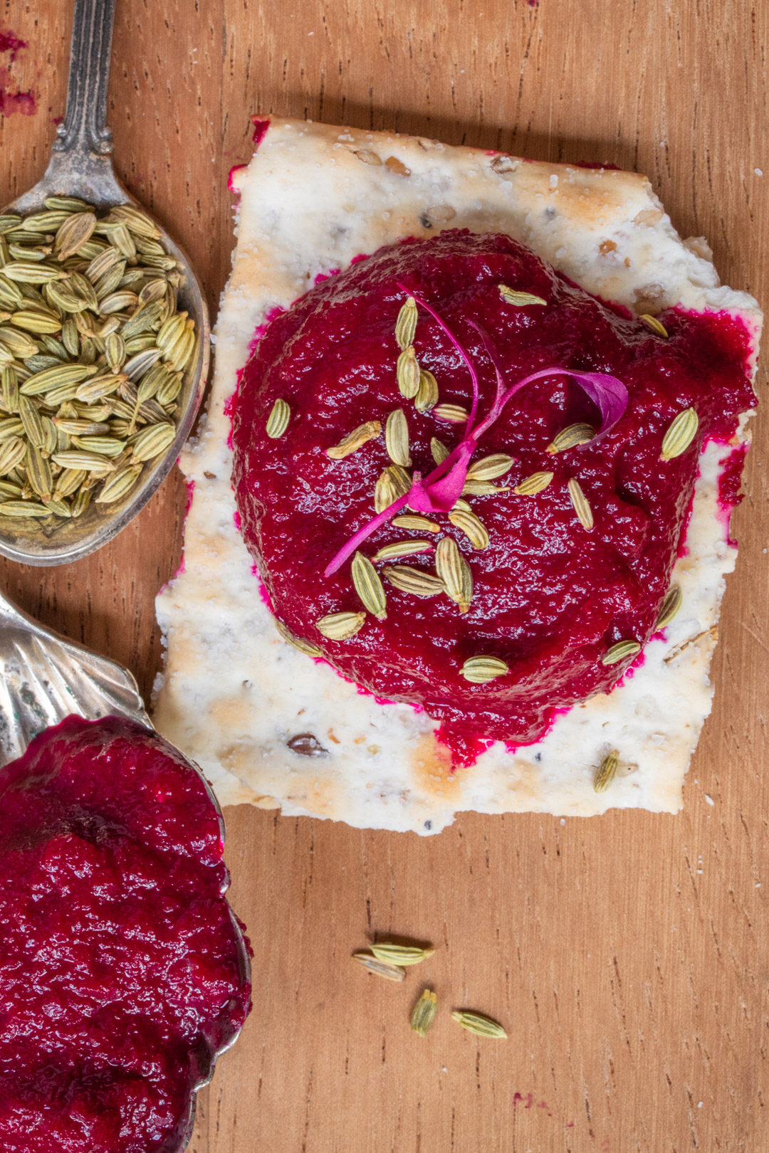 beetroot dip from above with spoons