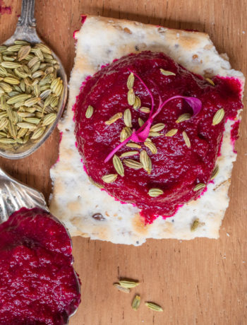 beetroot dip from above with spoons