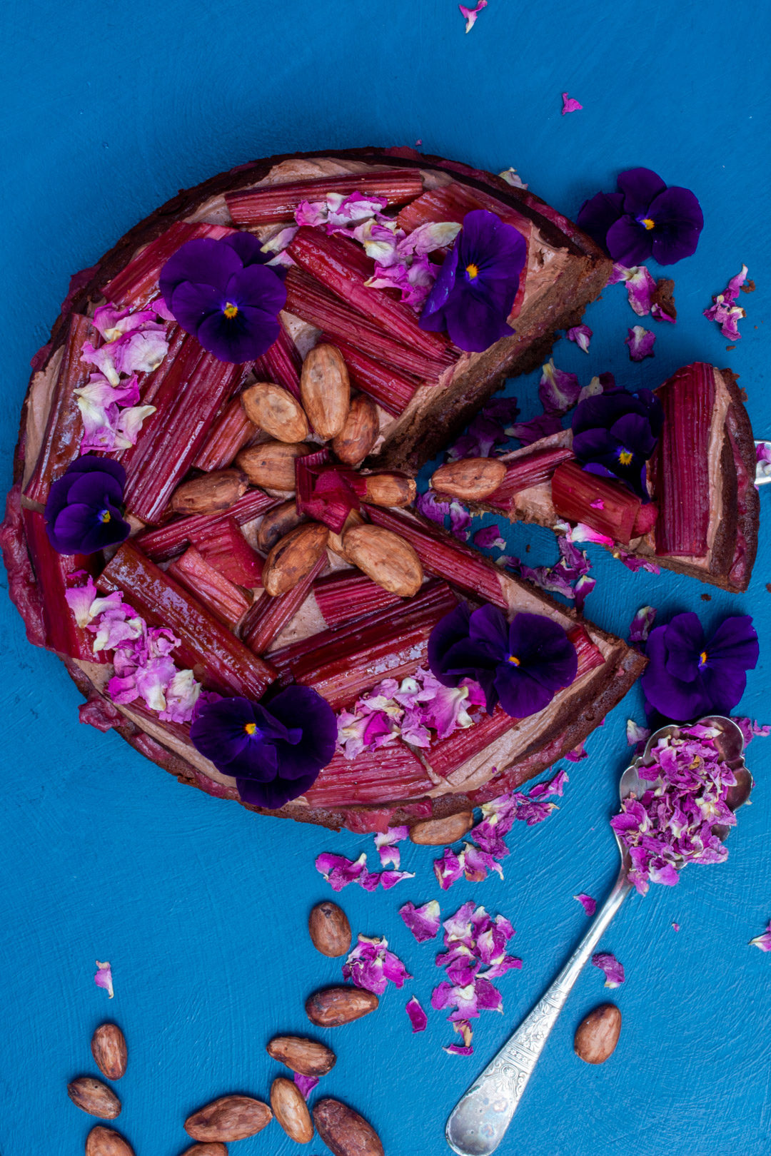 rhubarb cacao spice cake sliced