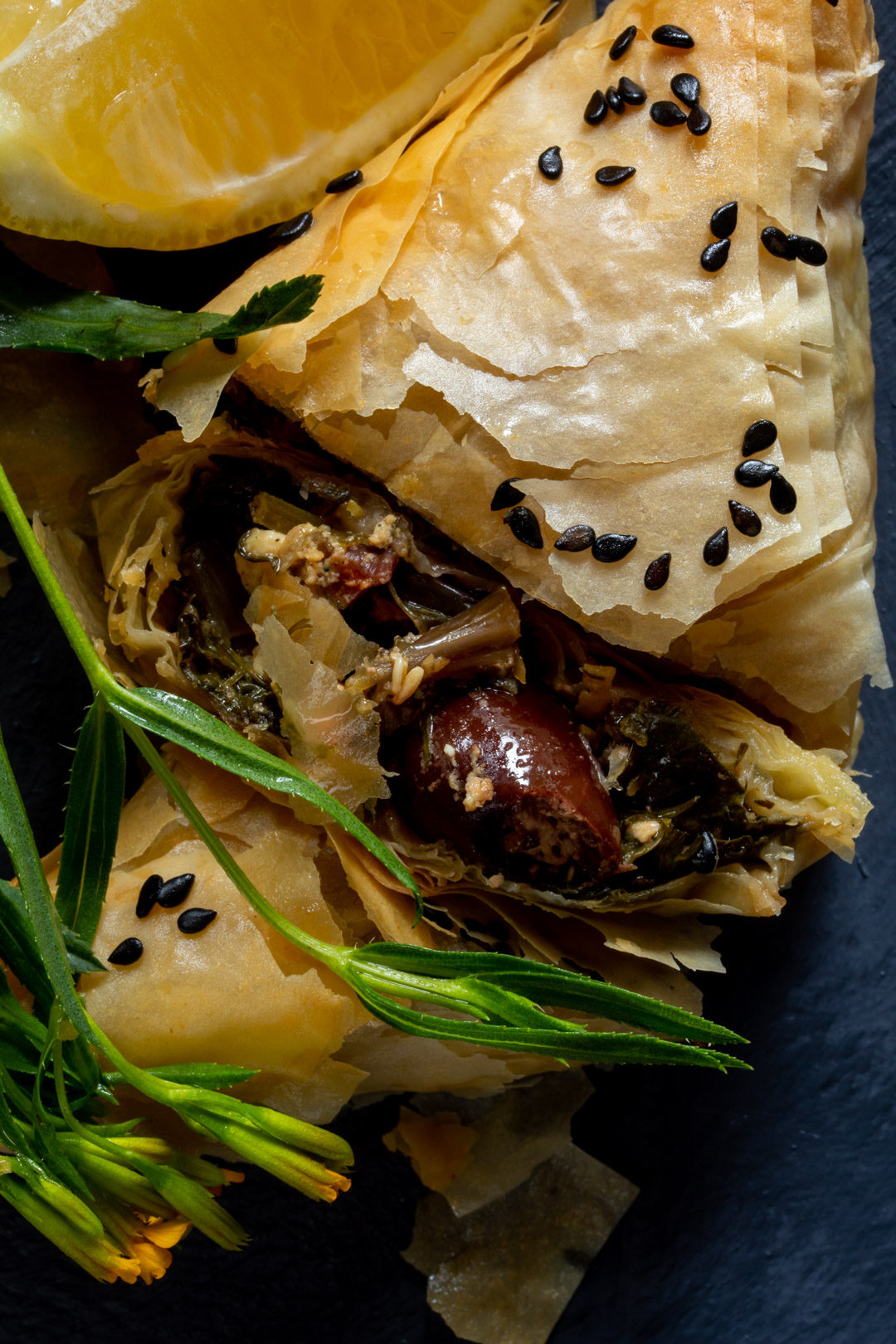 beetroot leaf filo from above section