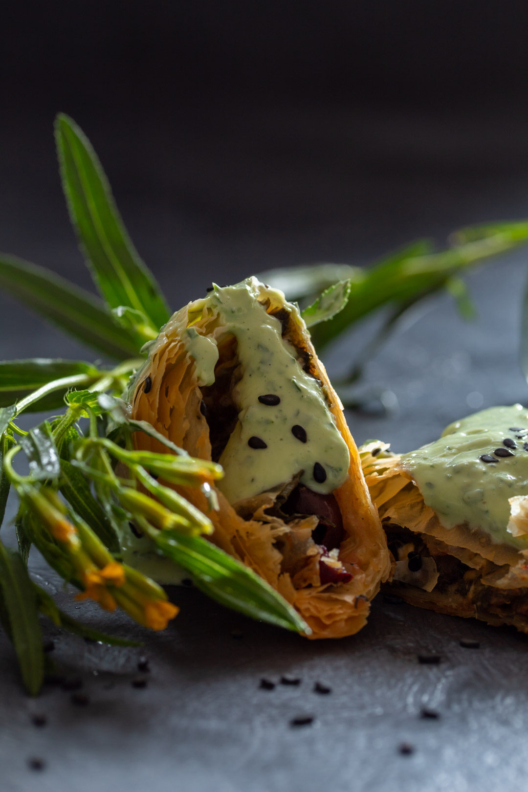 beetroot leaf filo close up vertical