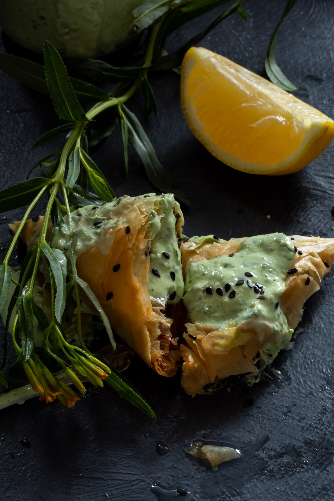 beetroot leaf filo with lemon back