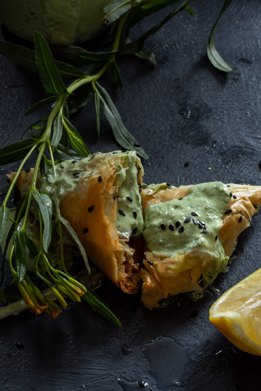 beetroot leaf filo with lemon front