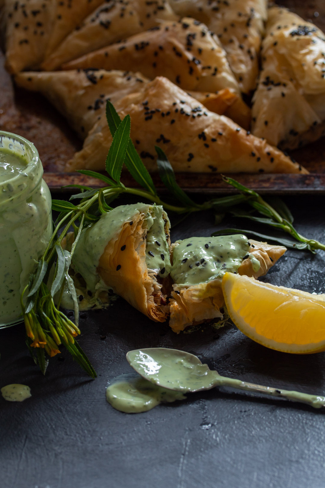 beetroot leaf filo tray in background