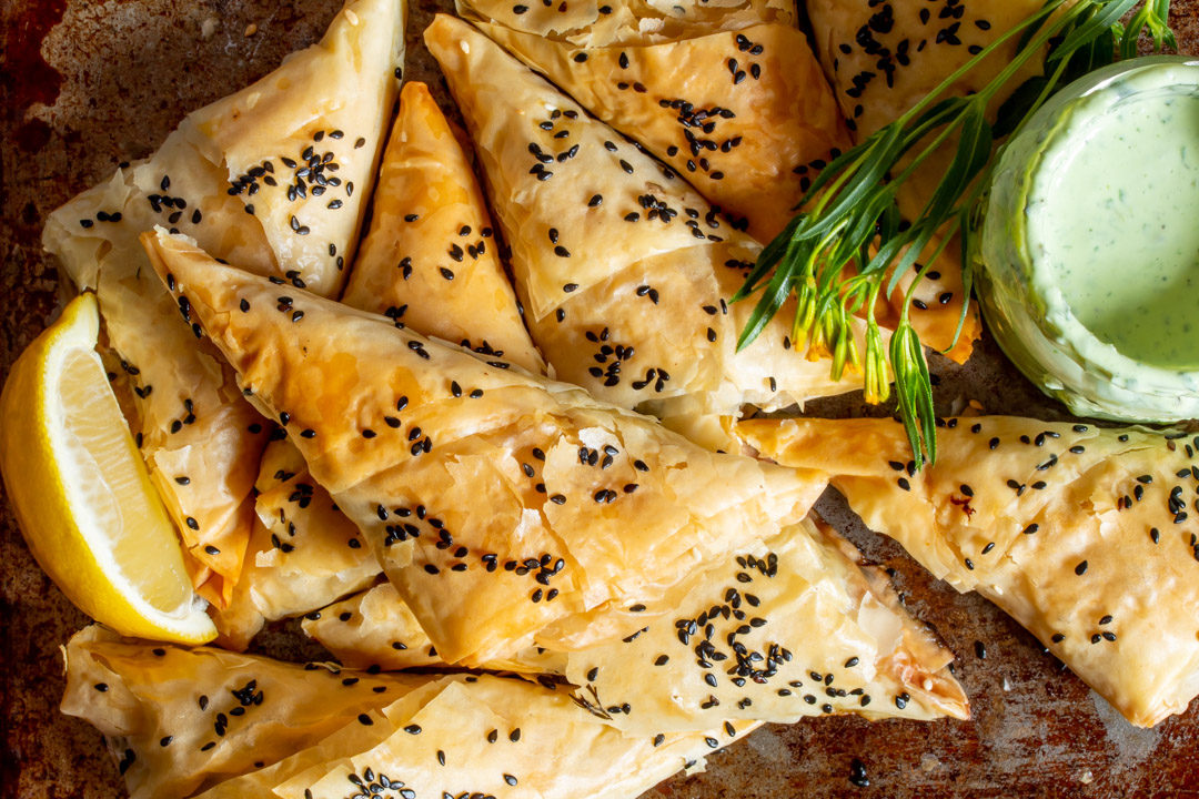 beetroot leaf filo with lemon and tarragon and herb yoghurt