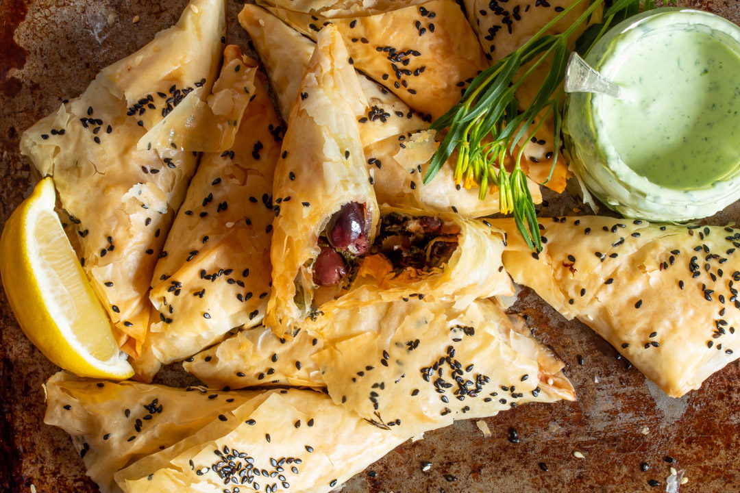 beetroot leaf filo with tarragon, lemon and herb yoghurt with section