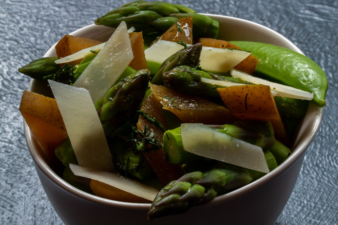 Asparagus and sugar snap pea salad with pear pickle: 45 degrees