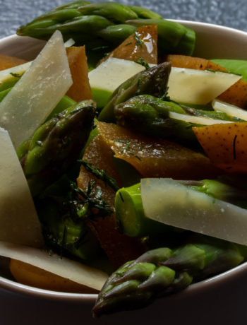 Asparagus and sugar snap pea salad with pear pickle: 45 degrees