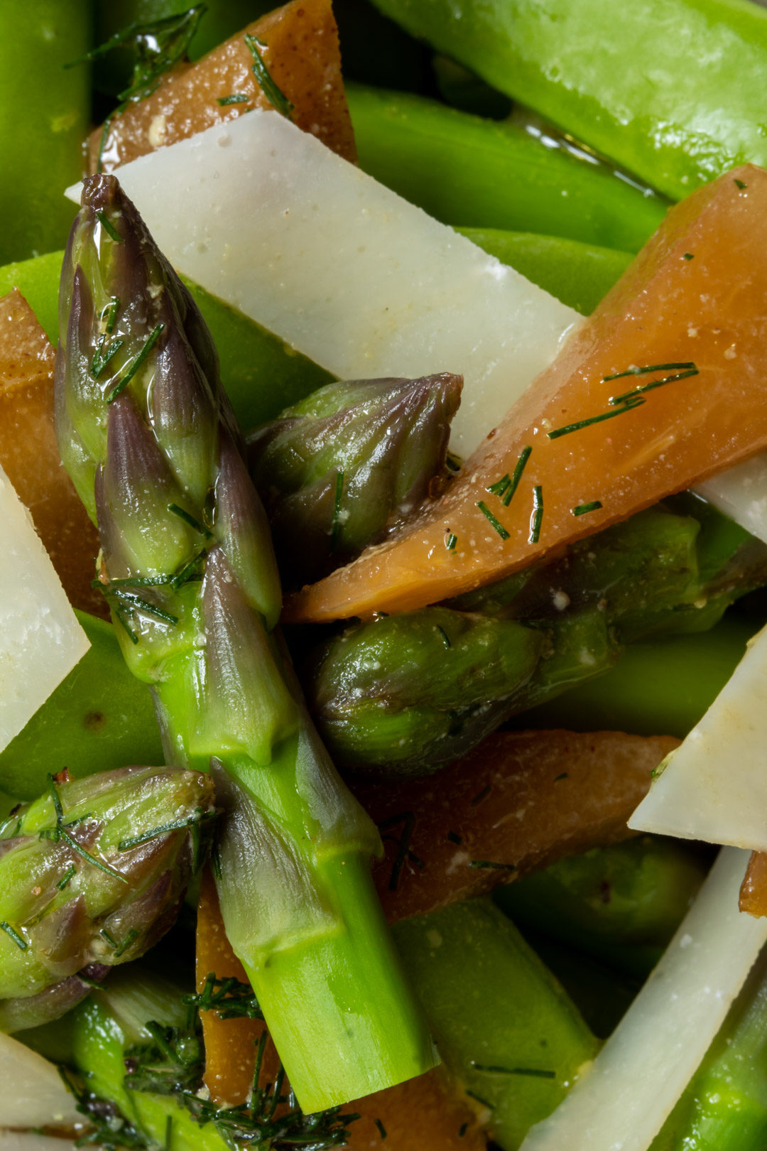 Asparagus and sugar snap pea salad with pear pickle: close up