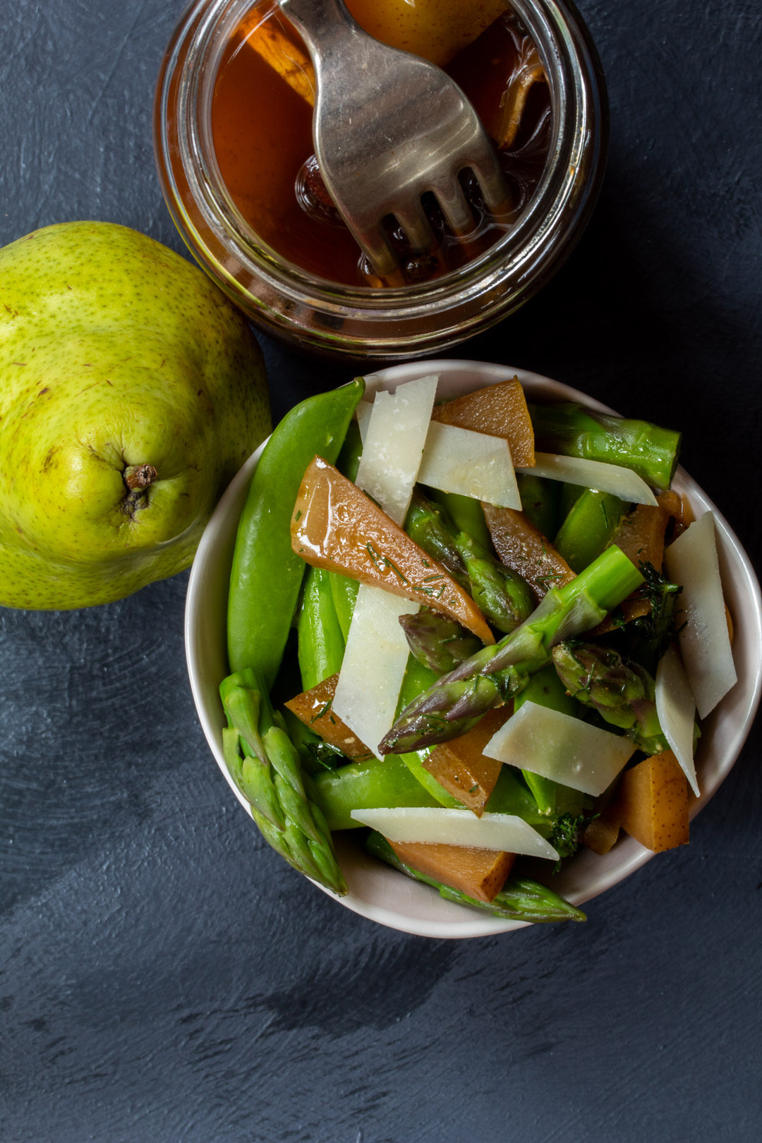 Asparagus and sugar snap pea salad with pear pickle: from above