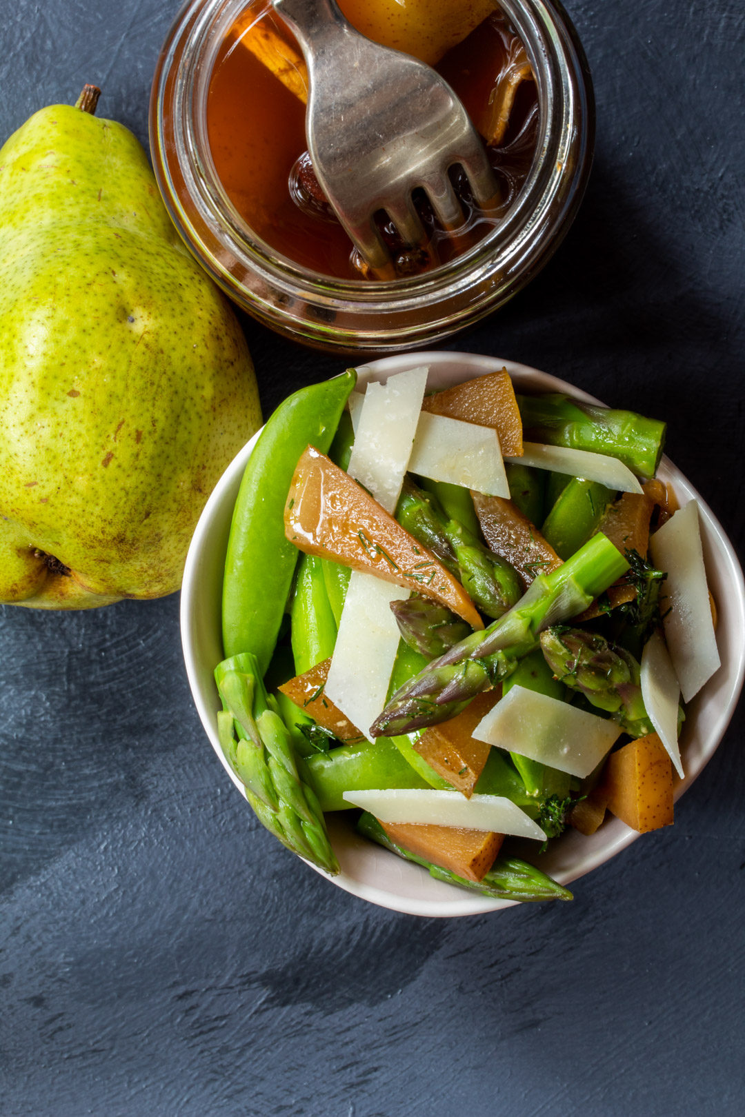 asparagus and sugar snap pea salad: pear lying down