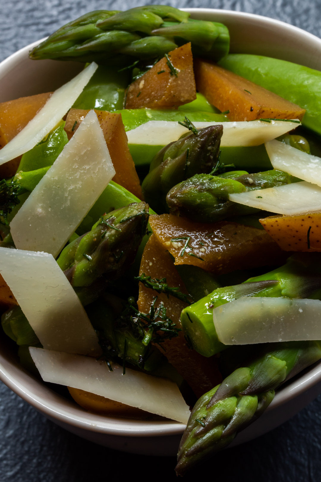 Asparagus and sugar snap pea salad with pear pickle