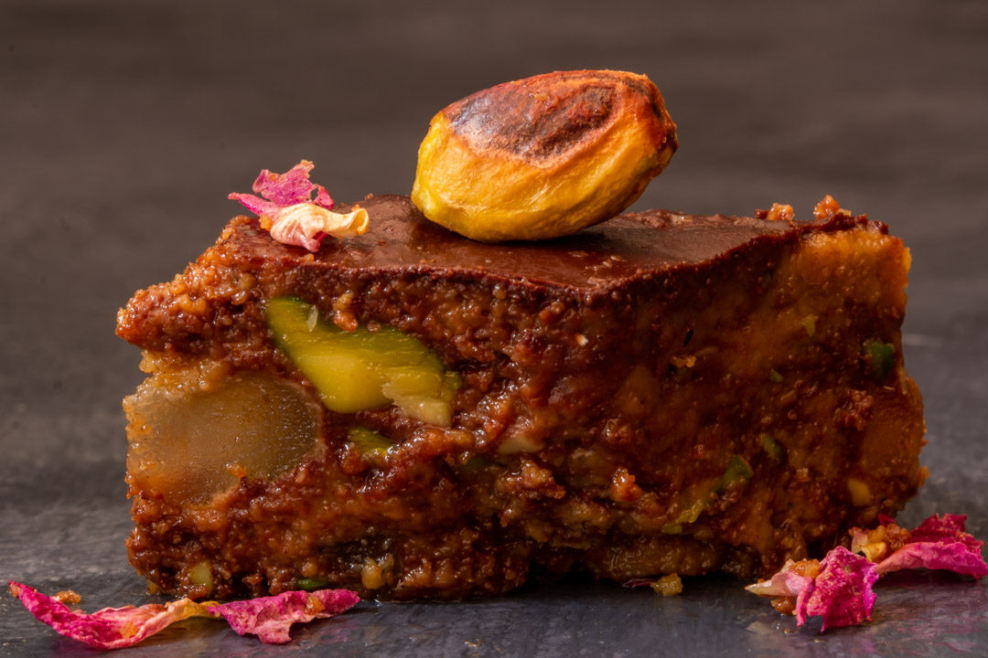 Spiced raw cacao halva with pistachios, ginger, cardamom and rose