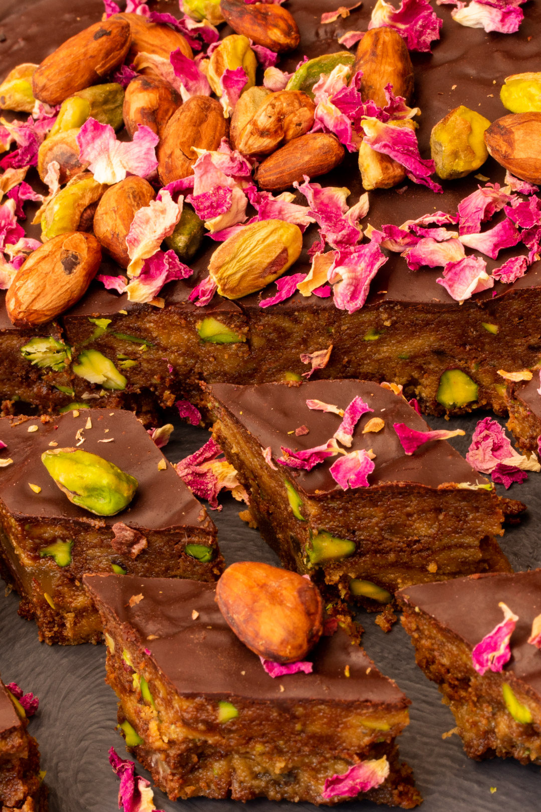 Spiced raw cacao halva with pistachios, ginger, cardamom and rose: diamond pieces