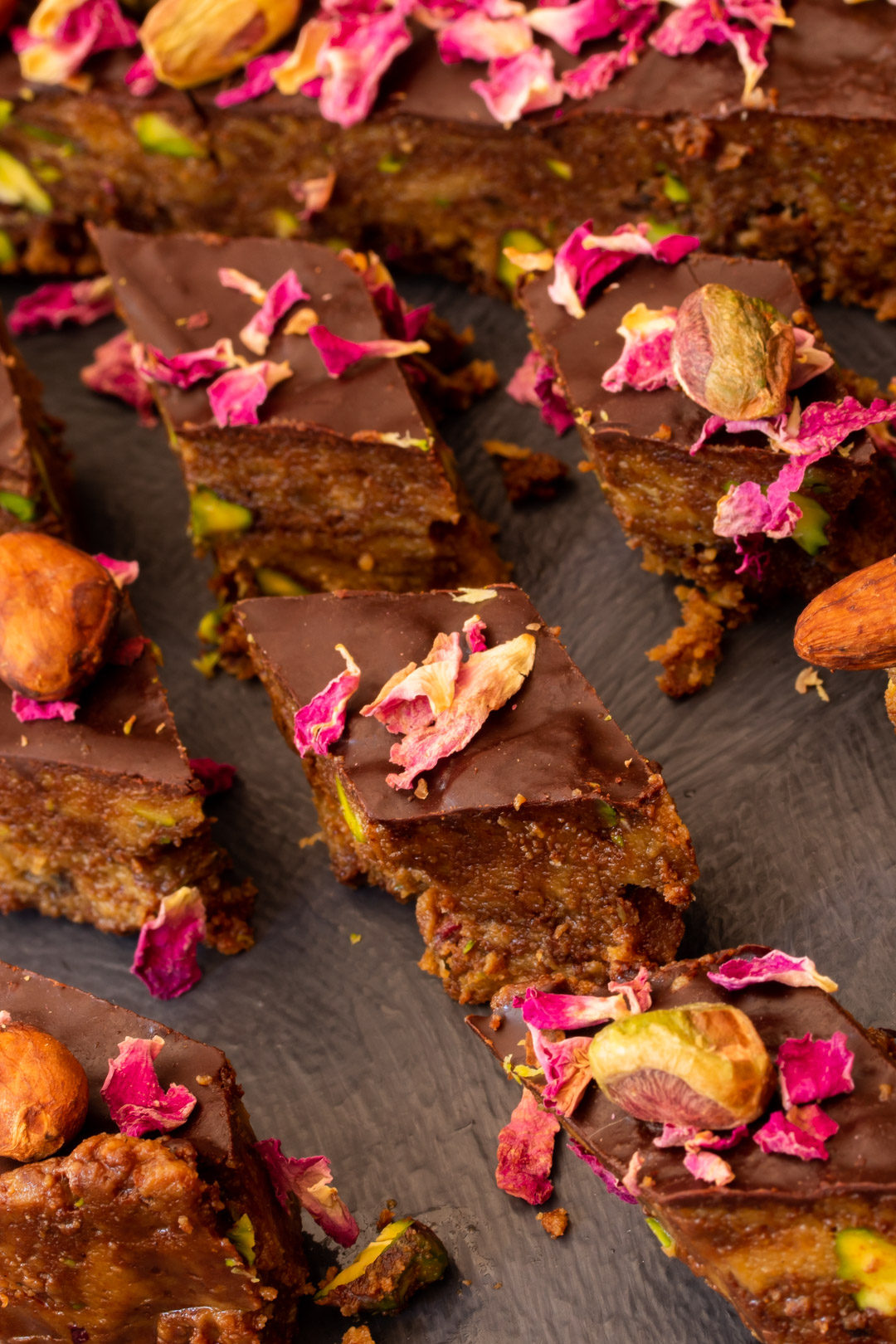 Spiced raw cacao halva with pistachios, ginger, cardamom and rose