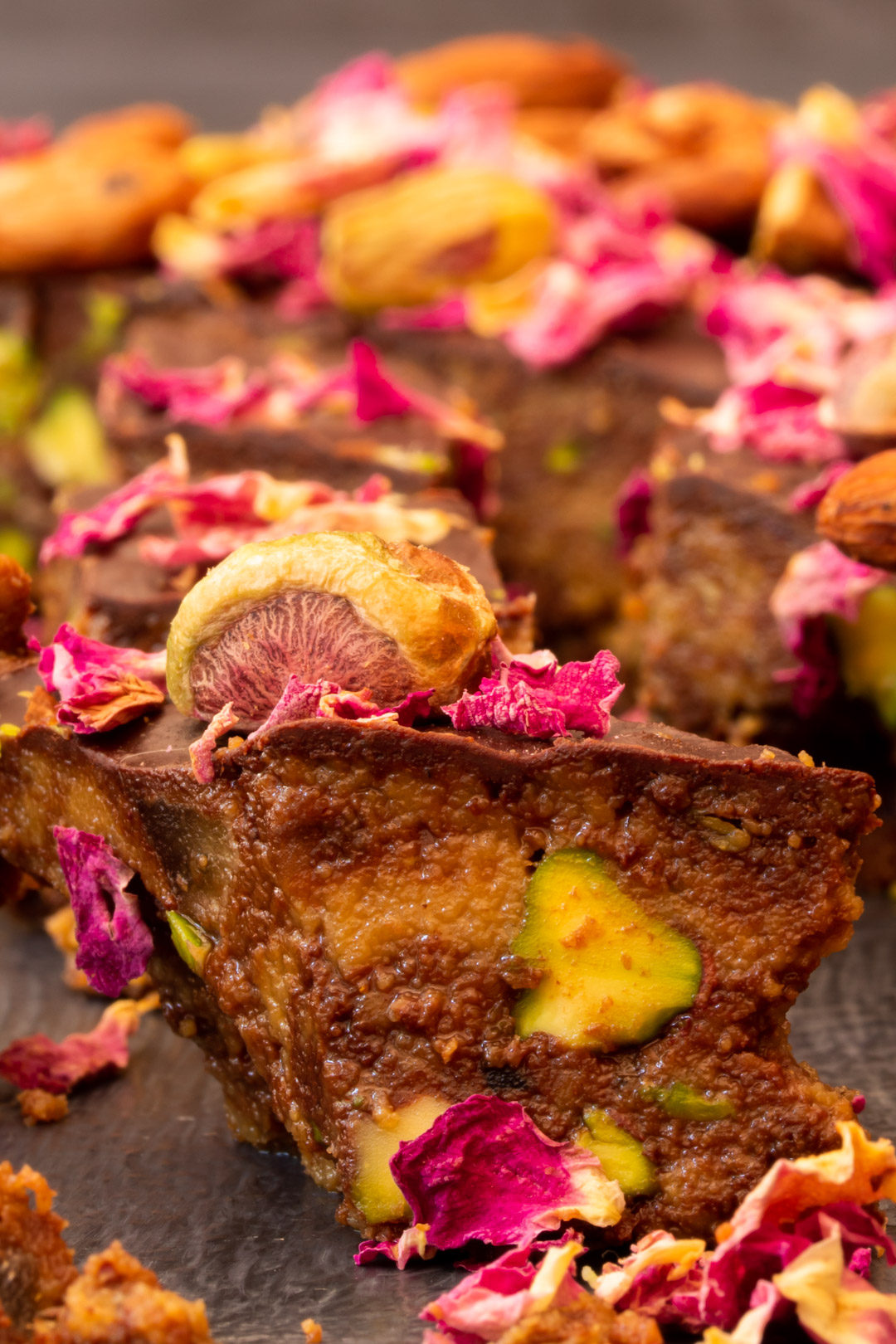 Spiced raw cacao halva with pistachios, ginger, cardamom and rose: pistachio detail