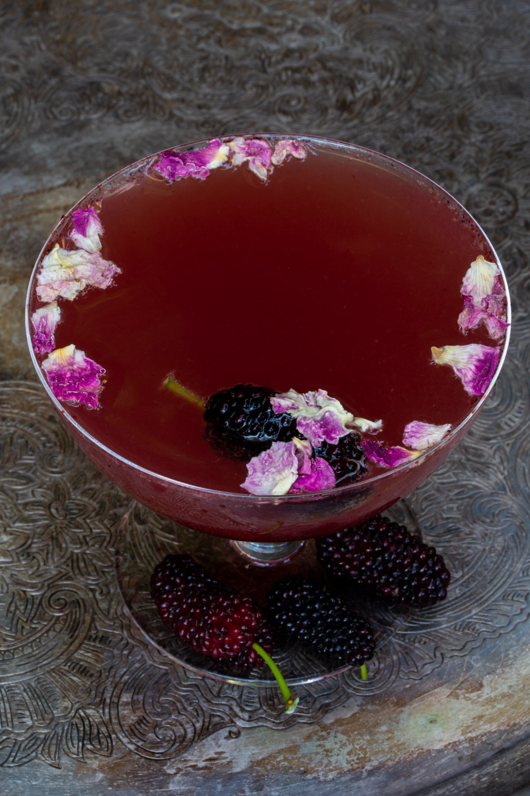 mulberry rose champagne cocktail : from above