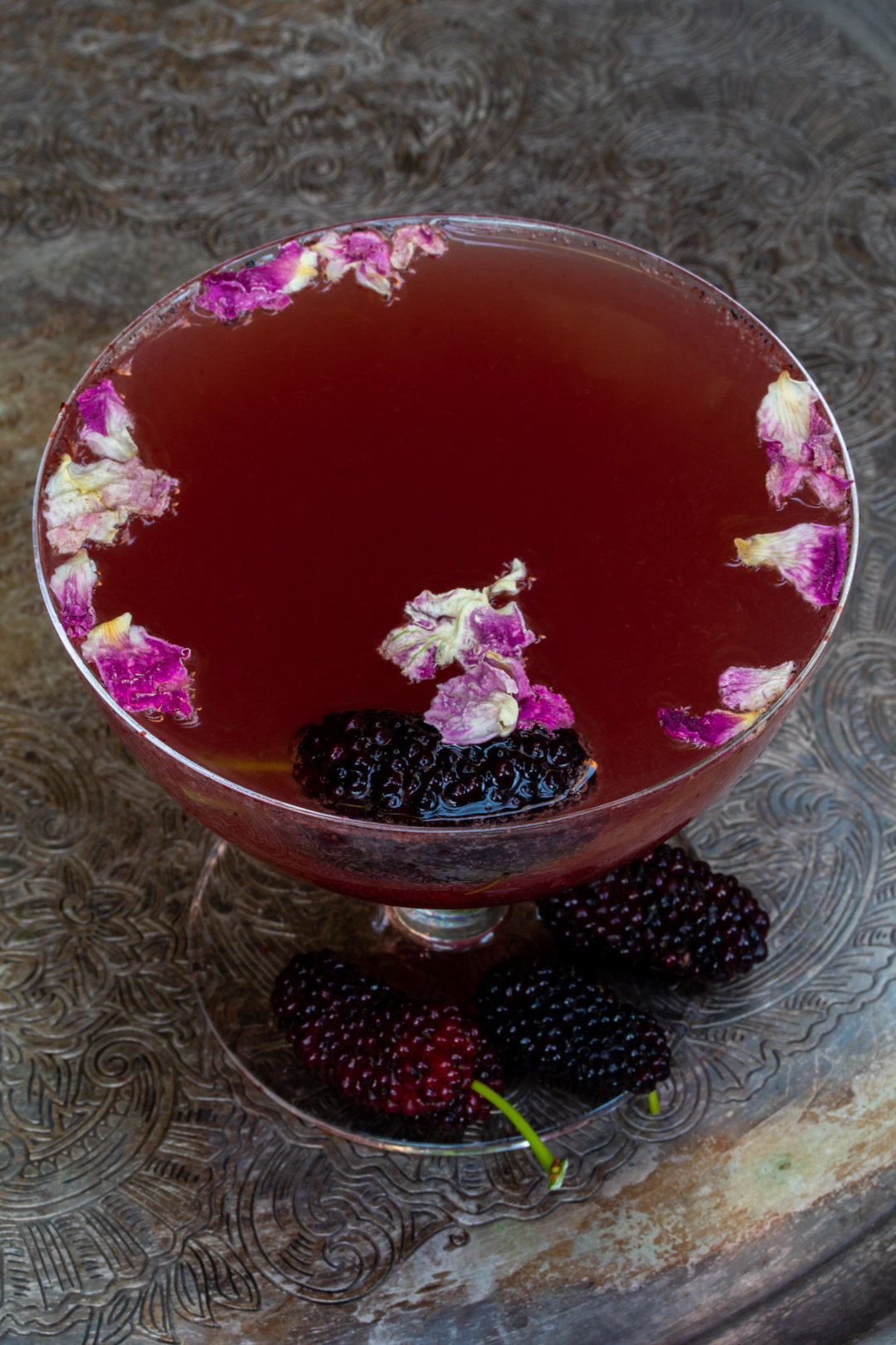 mulberry rose champagne cocktail from above