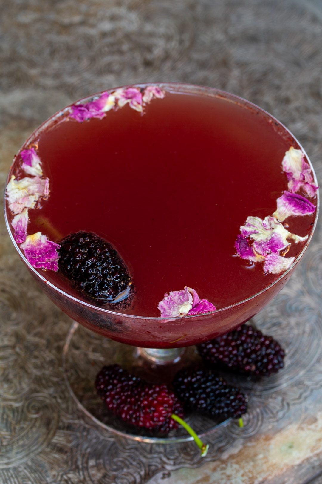 mulberry rose champagne cocktail from above