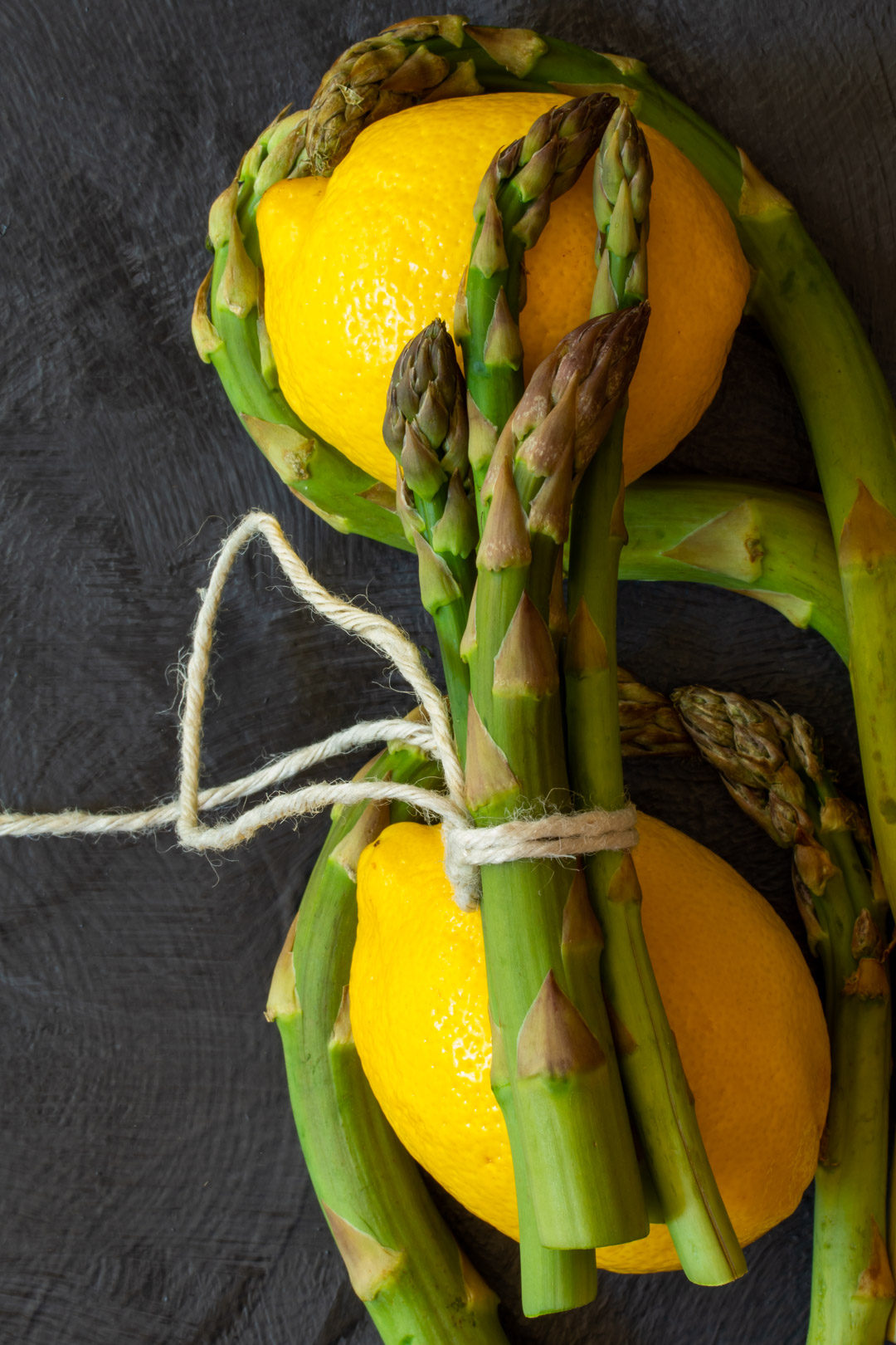 asparagus & lemon tart: asparagus and lemon still life flatlay