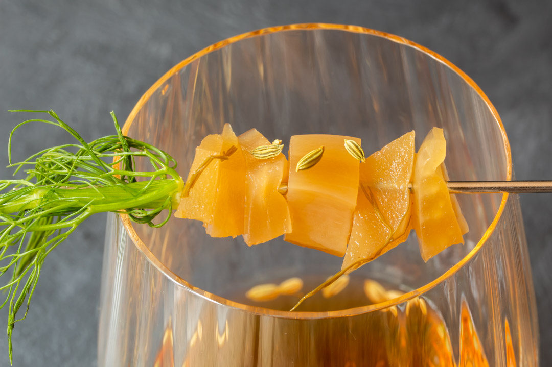 fennel pickle old fashioned cocktail: close up