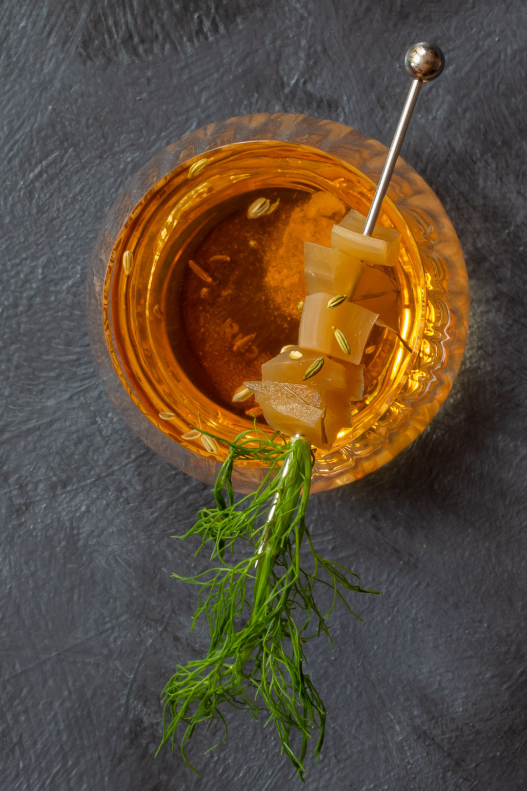 fennel pickle old fashioned cocktail: from above 1 O'Clock