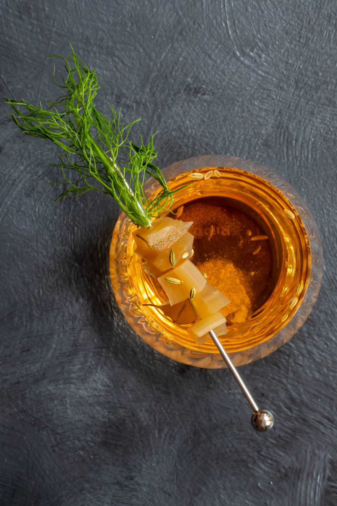 fennel pickle old fashioned cocktail: from above 5 O'Clock