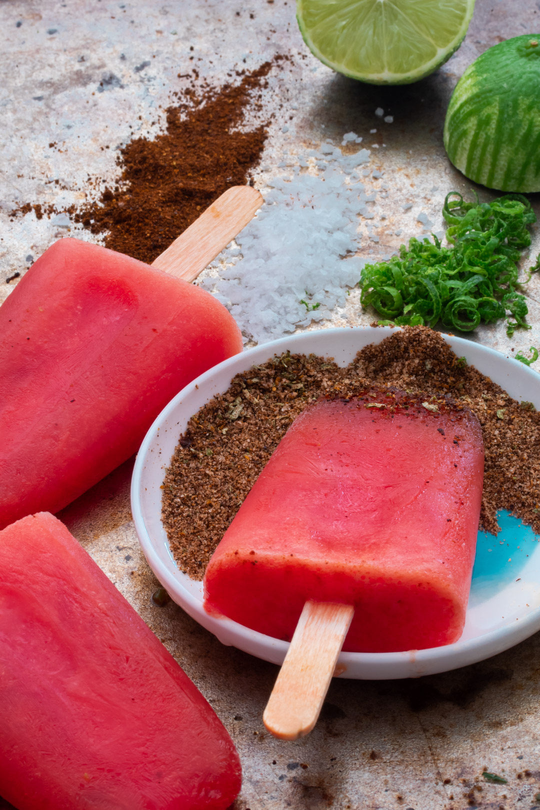 Watermelon paletas with chili-lime salt: from 45 degrees