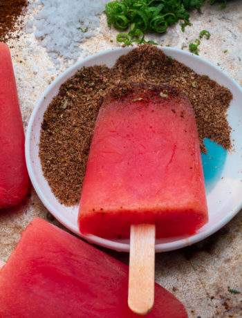 Watermelon paletas with chili-lime salt: from 45 degrees close up