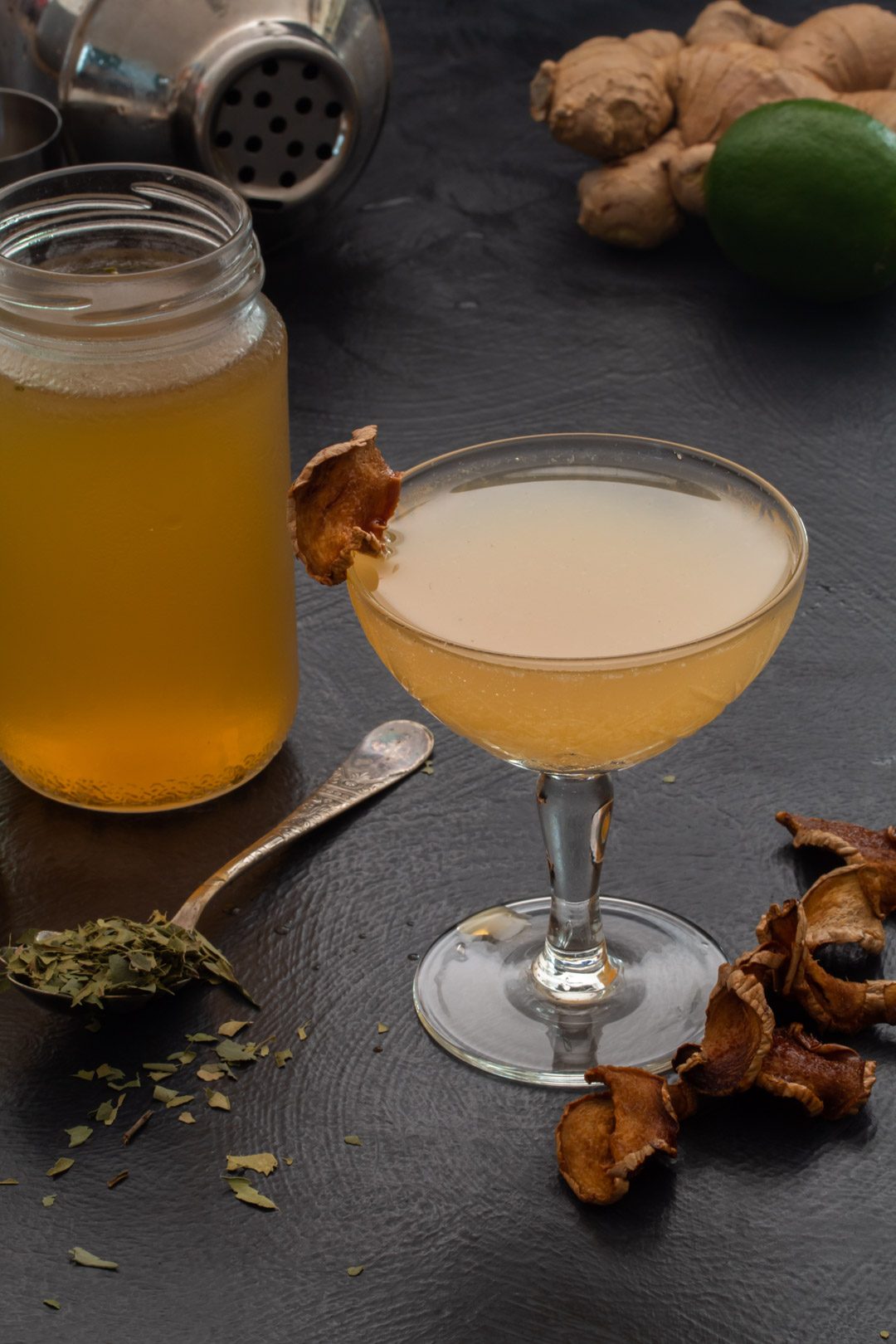 Ginger lime shrub daiquiri with cinnamon myrtle and ginger crisps: 45 degrees making with cocktail shaker detail