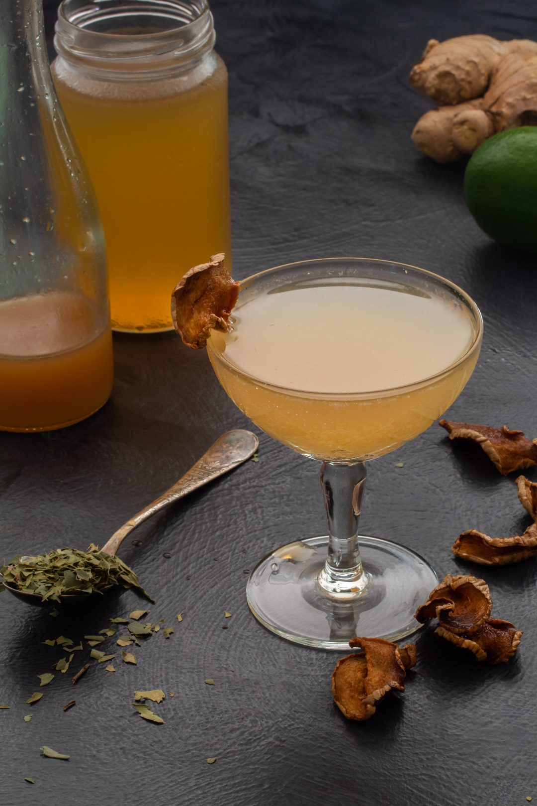 Ginger lime shrub daiquiri with cinnamon myrtle and ginger crisps: 45 degrees making, framed