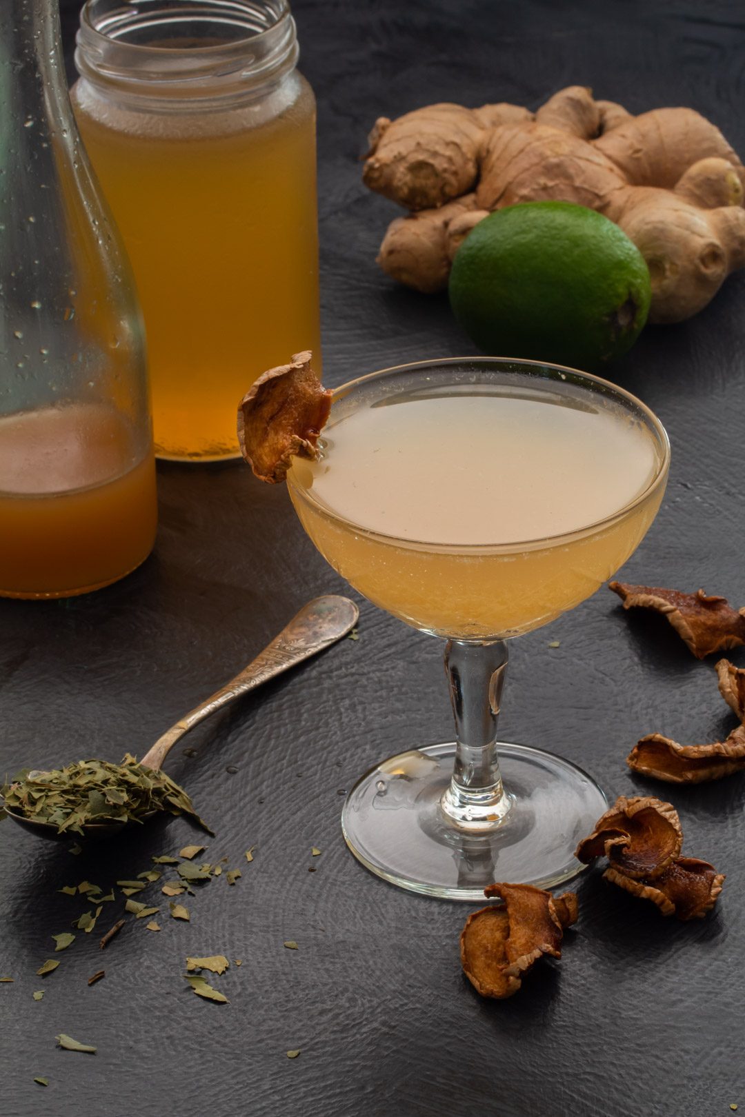 Ginger lime shrub daiquiri with cinnamon myrtle and ginger crisps: 45 degrees making, ginger lime detail
