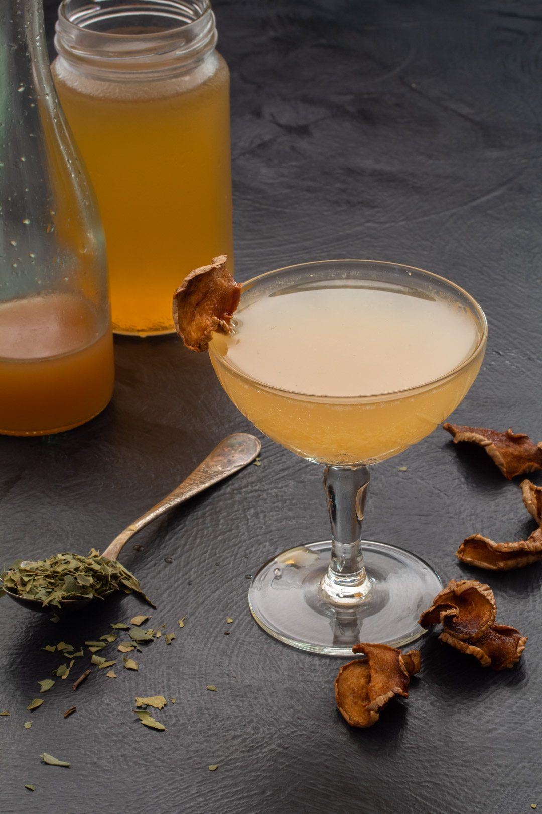 Ginger lime shrub daiquiri with cinnamon myrtle and ginger crisps: 45 degrees making, negative space