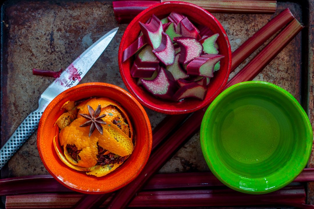 Rhubarb cacao bitters with wattleseed : making with knife