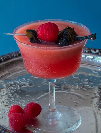 Pickled jalapeno and raspberry margarita cocktail with hibiscus sugar: on silver tray